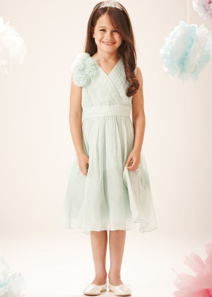V Neck Sage Ruched Chiffon Knee Length Flower Girl Dress